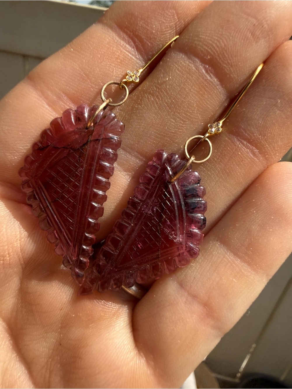 25.80ctw solid 14k gold genuine hand carved tourmaline/ diamond earrings - Picture 6 of 16